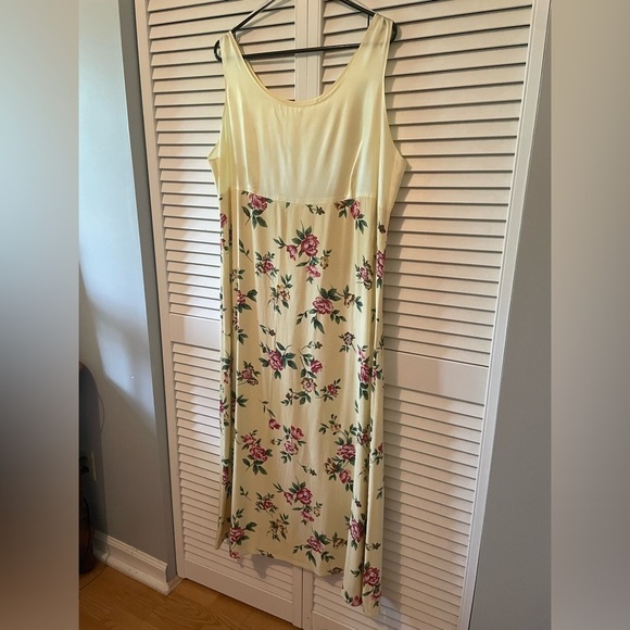 Vintage Maxi Satin Floral Dress Empire Waist Size XL Light Yellow Pink Green - Picture 6 of 15